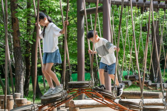 アスレチックで遊ぶ子ども